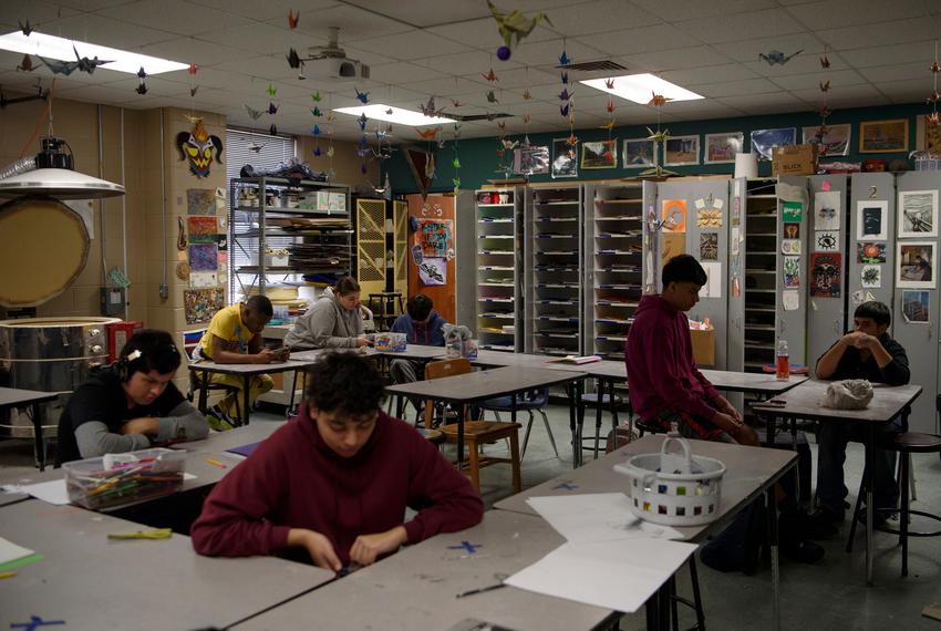 Students sit in art class at Lufkin High School in Lufkin, Texas, U.S., on Friday, January 27, 2023. Public school officials in rural areas like Lufkin face budget challenges because of proposed school choice legislation, which provides taxpayer-funded alternatives to sending a child to a local public school.