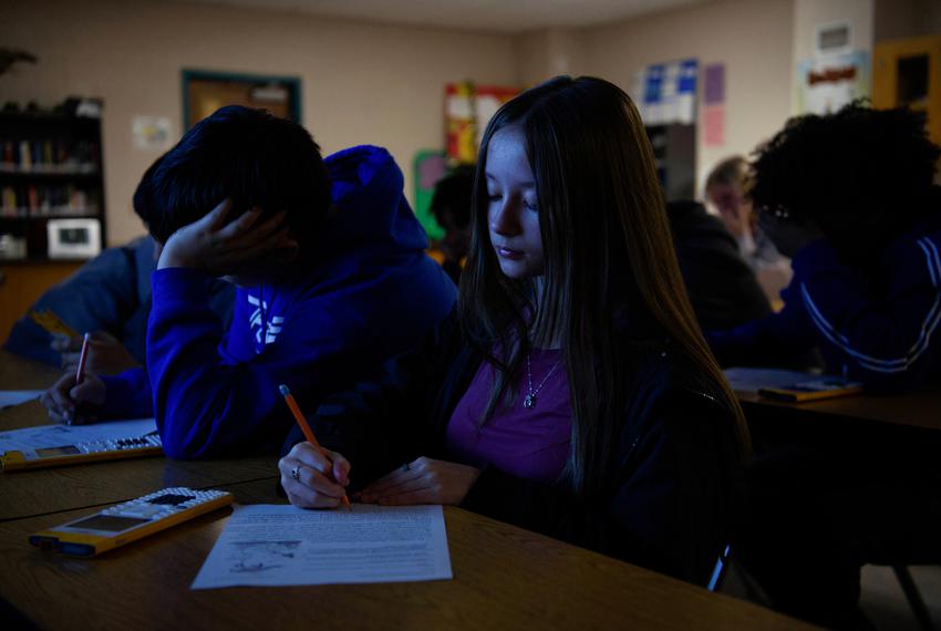 Jacey Eagle, a freshman, takes a test during advanced biology as students attend classes at Lufkin High School in Lufkin, Texas, U.S., on Friday, January 27, 2023. Public school officials in rural areas like Lufkin face budget challenges because of proposed school choice legislation, which provides taxpayer-funded alternatives to sending a child to a local public school.
