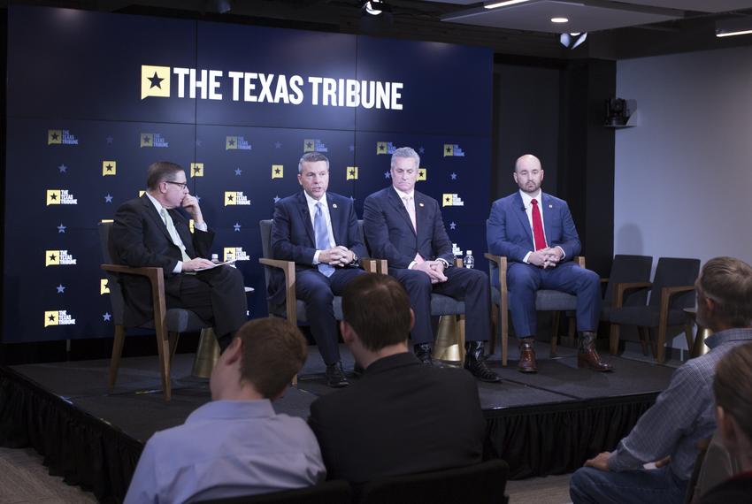 From left: Texas Tribune CEO Evan Smith moderates a discussion with state Reps. Brad Buckley, R-Killeen; Sam Harless, R-Spring; and Cody Harris, R-Palestine, in Austin on Feb. 14, 2019.