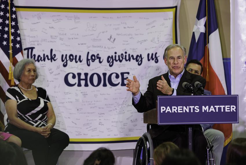 Gov. Abbott speaks to parents during an event hosted by the Parent Empowerment Coalition at Covenant Christian Academy in McAllen on April 12, 2023.