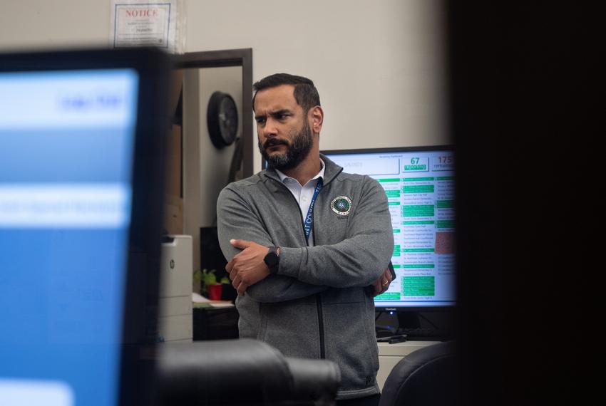 Tarrant County Elections Administrator Heider Garcia speaks with ballot board workers inside the Tarrant County's central count station on election night. on May 6, 2023.
