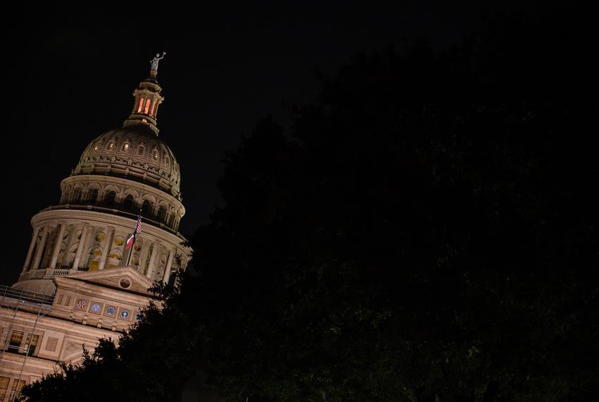 The state Capitol early in the morning of Sept. 6, 2023, the third day of the impeachment trial in Austin.
