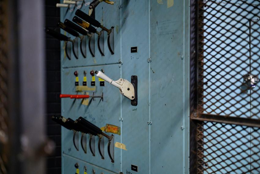 An aging control panel to the Bonham Middle School auditorium’s stage is seen in a steel cage Wednesday, Sept. 13, 2023 in Odessa. The controls are locked in a steel cage when not in use to protect students from accidentally bumping into them.