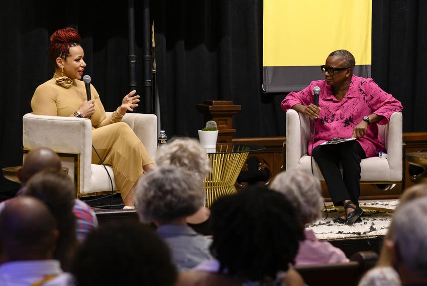 UT journalism professor Kathleen McElroy speaks with Pulitzer Prize-winning journalist Nikole Hannah-Jones about confronting racial injustice, at The Texas Tribune Festival in Austin on Sept. 23, 2023.
