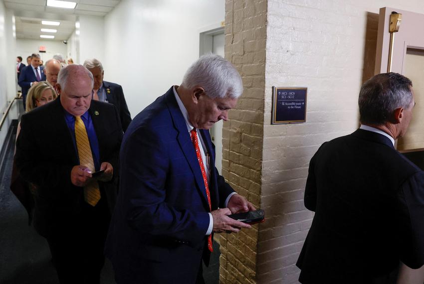 U.S. Rep. Pete Sessions, R-Waco, and fellow House Republicans depart after a conference meeting where they held a secret ballot vote on whether to drop Rep. Jim Jordan, R-OH, out of the race for House Speaker, at the U.S. Capitol in Washington on Oct. 20, 2023.