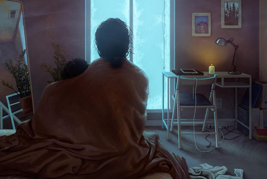 Illustration of a parent and child bundled in a blanket looking out a window during a power outage with a candle on a desk.