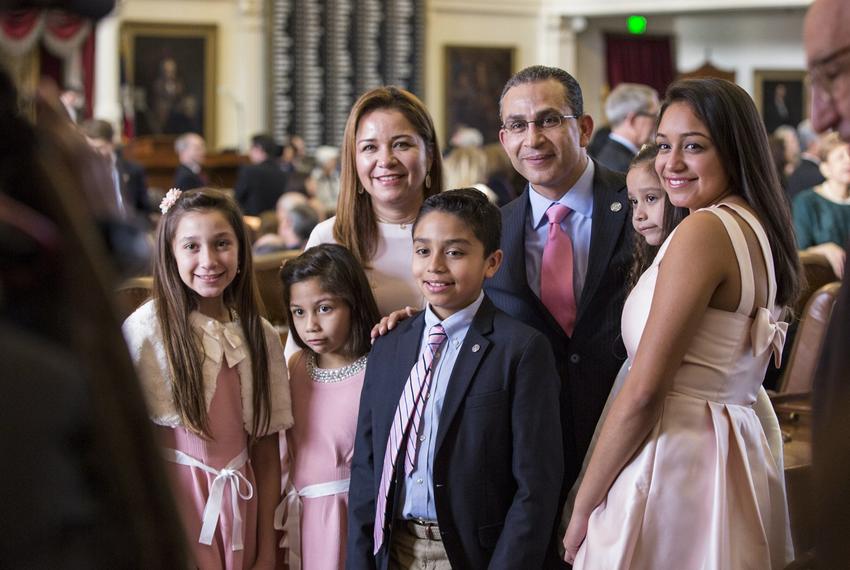 State Rep. Abel Herrero with his family on the House floor on the first day of the 2017 Texas legislative session, on Jan. 10, 2017.