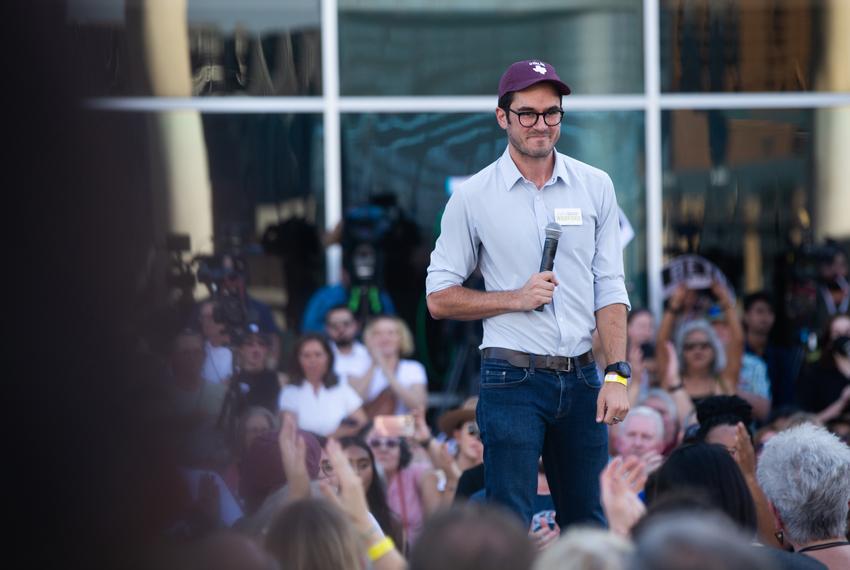 Democratic candidate for Texas Railroad Commission Luke Warford speaks at a Beto O'Rourke rally in Austin on Sept. 6, 2022.