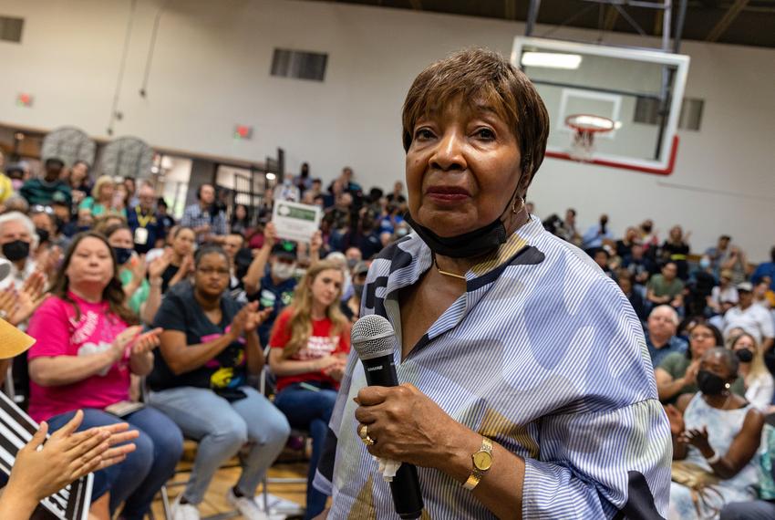 Congresswoman Eddie Bernice Johnson introduces Democratic gubernatorial candidate Beto O'Rourke at a town hall over the shooting at Robb Elementary in Uvalde and gun reform in Dallas on June 1, 2022.