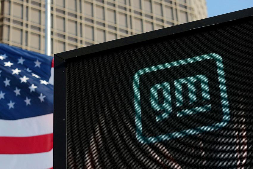 The new GM logo on the facade of the General Motors headquarters in Detroit, Michigan on March 16, 2021.