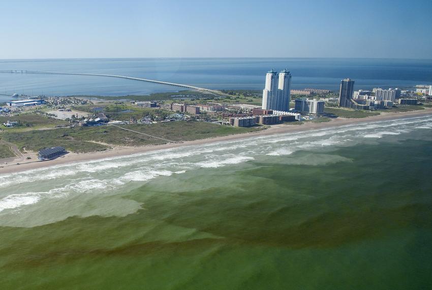 Red tide cell concentrations are visible in the water near South Padre Island on Oct. 27, 2009.