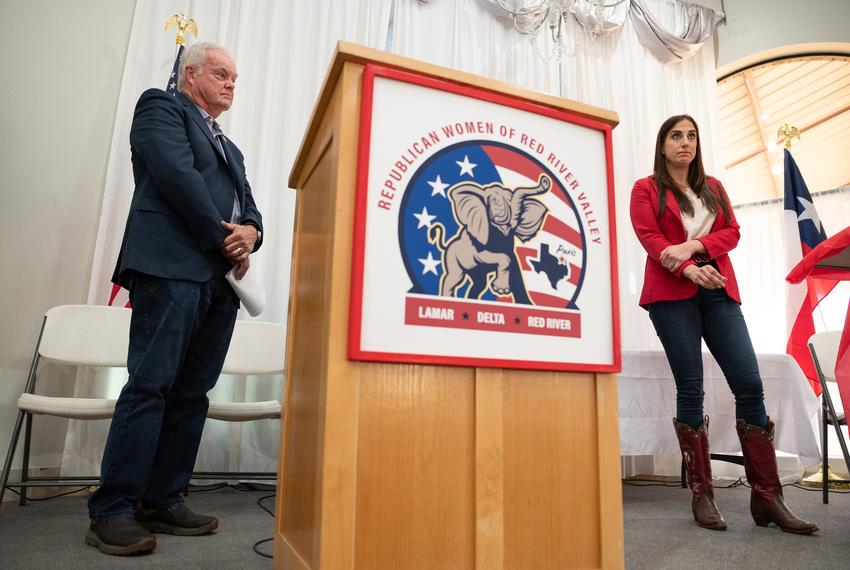 Incumbent Railroad Commissioner Wayne Christian, far-left, and candidate Sarah Stogner, far-right, speak during a Republican Railroad Commission Forum hosted by the Republican Women of Red River Valley at Celebrate It event hall in Paris, Texas, on Tuesday, April 26, 2022.