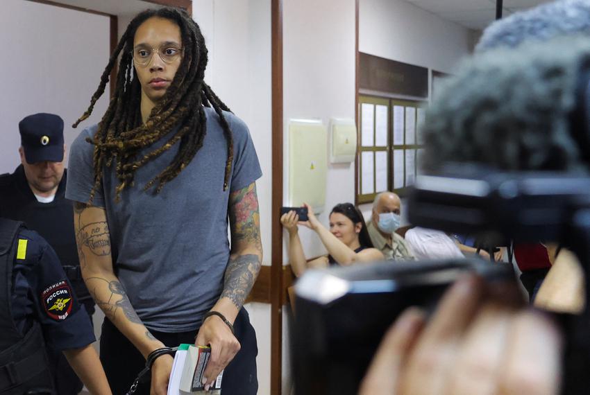 U.S. basketball player Brittney Griner, who was detained at Moscow's Sheremetyevo airport and later charged with illegal possession of cannabis, before receiving the verdict in a court hearing in Khimki, outside Moscow, Russia, on Aug. 4, 2022.