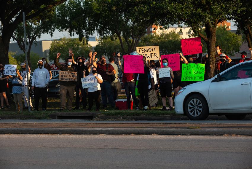 Demonstrators gathered outside the Harris County Courthouse in Houston to protest ongoing evictions on Aug. 21, 2020.