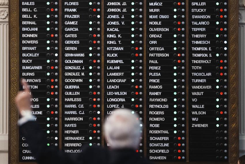 Members vote to approve an anti-voucher amendment brought by state rep. Abel Herrero, D-Robstown, during a marathon session on the House floor to approve HB-1 at the Capitol in Austin on April 06, 2023.