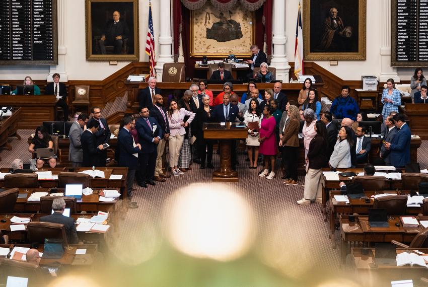 Democratic lawmakers gather at the dias in the House chamber in support of an amendment that would have preserved DEI initiates in Texas’ public universities at the Capitol in Austin on April 06, 2023.