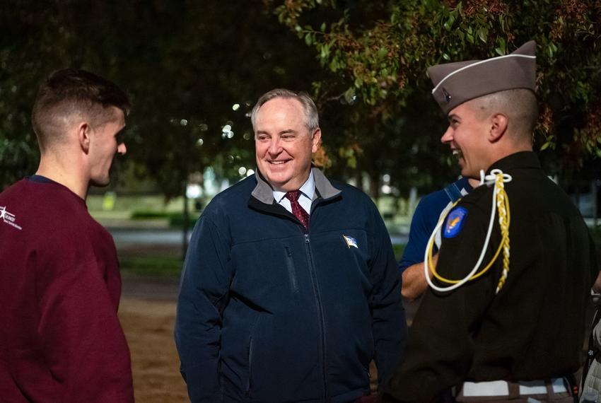 Texas A&M interim president Ret. Gen. Mark A. Welsh III speaks with student leaders before addressing the senior class during Elephant Walk on Wednesday, Nov. 15 at Aggie Park in College Station.