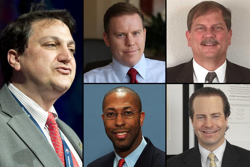 Four declared candidates are vying to replace Texas GOP chairman Steve Munisteri (clockwise from top left): Dallas County GOP chairman Wade Emmert, Texas GOP treasurer Tom Mechler, Republican National Committeeman Robin Armstrong and Jared Woodfill, former chairman of the Harris County Republican Party.
