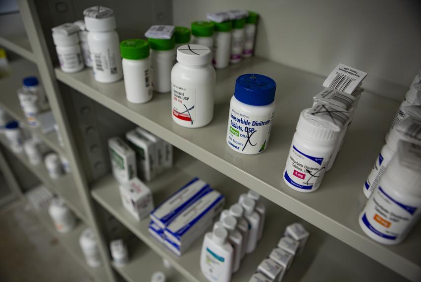 Prescription drugs on shelves at ScriptCo on Apr. 13, 2022.