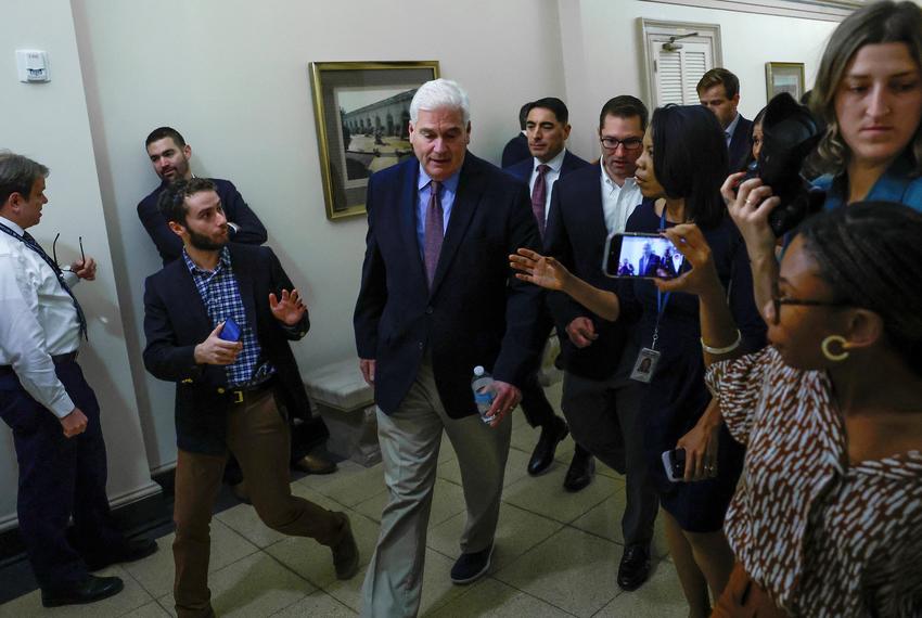 House Majority Whip Tom Emmer, R-MN, talks to reporters as he departs a meeting with the Texas Republican House delegation the morning after former Speaker of the House Kevin McCarthy was ousted from the position, at the U.S. Capitol in Washington on Oct. 4, 2023.