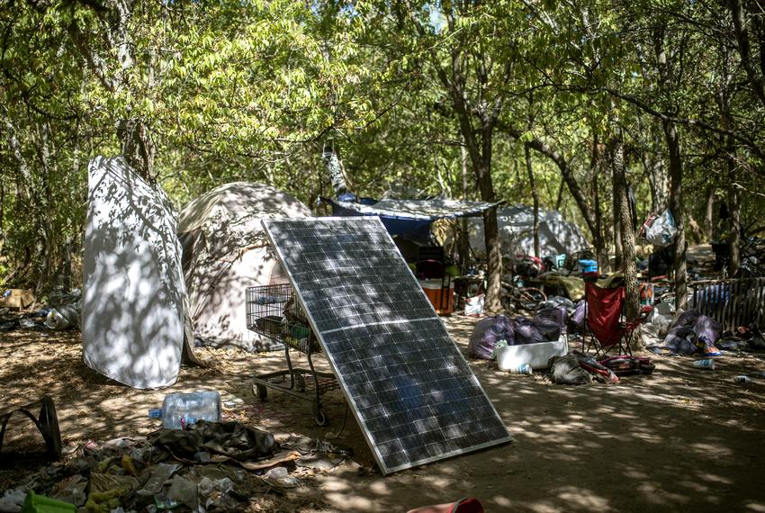 A living space at an encampment for unhoused people near Roy G Gurrero park on Thursday, Aug 18, 2022. The park is where many unhoused individuals relocated to after being removed from an encampment on Riverside Drive but are now facing forced removal again from the city.