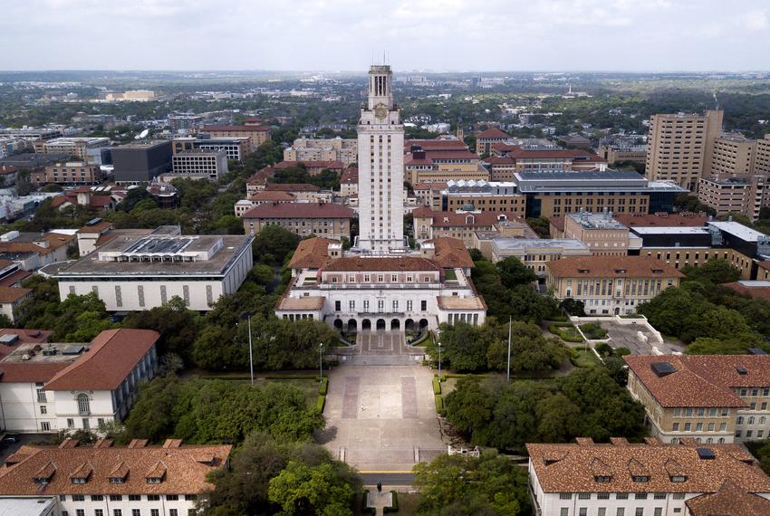 An aerial view of the main tower at the University of Texas at Austin  during the coronavirus outbreak on March 23, 2020.