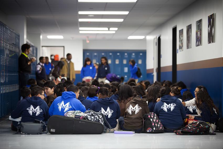 Students sit in the hall for a regular morning briefing before heading to their first class at Yes Prep West Campus in Houston on Tuesday, Dec. 11, 2012.